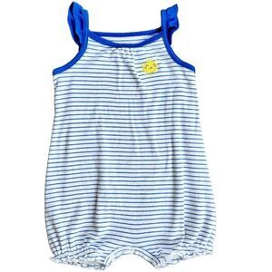 Carter’s Baby Girls Sleeveless Blue White Stripe Smiling Sun Romper. 9 Months.